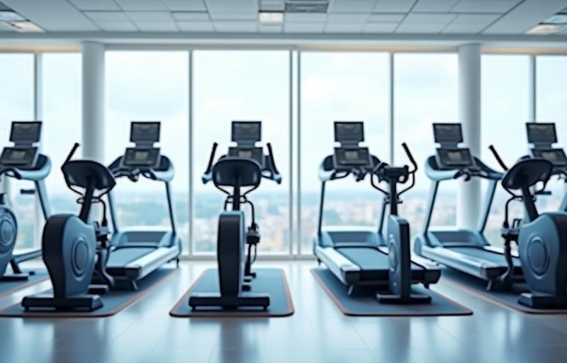 Modern cardio machines area including treadmills and ellipticals with a view