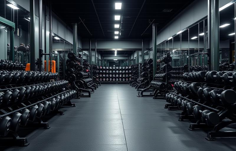 Area with various free weights, dumbbells, and weight racks