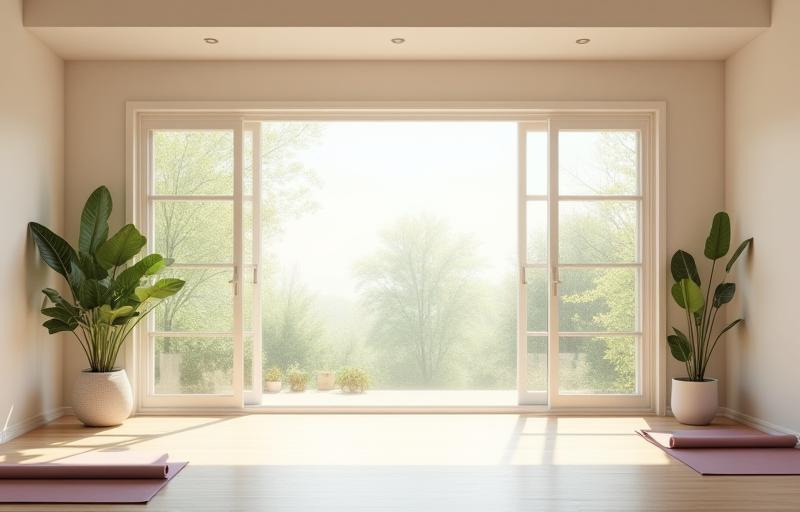 Tranquil yoga and pilates studio with large windows and natural light