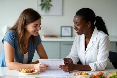 Nutrition coach discussing healthy meal options with a client