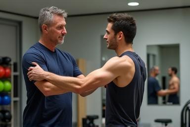 Physical therapist guiding an athlete through a rehabilitation exercise